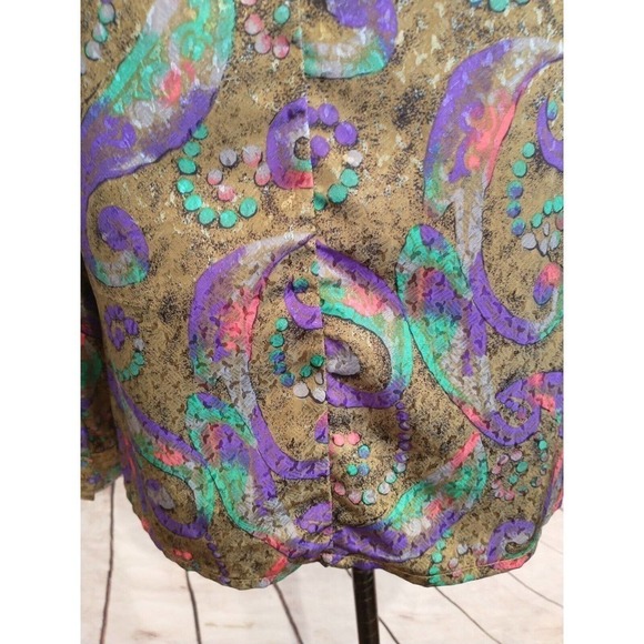 Vintage 80s Size 6 Small Nicola Jewel Tone Shoulder Pad Pleated Blouse High Neck - Picture 8 of 11